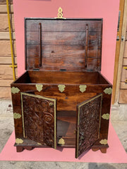 Indian Hand Carved Brass Work Solid Wood Storage Blanket Box C45