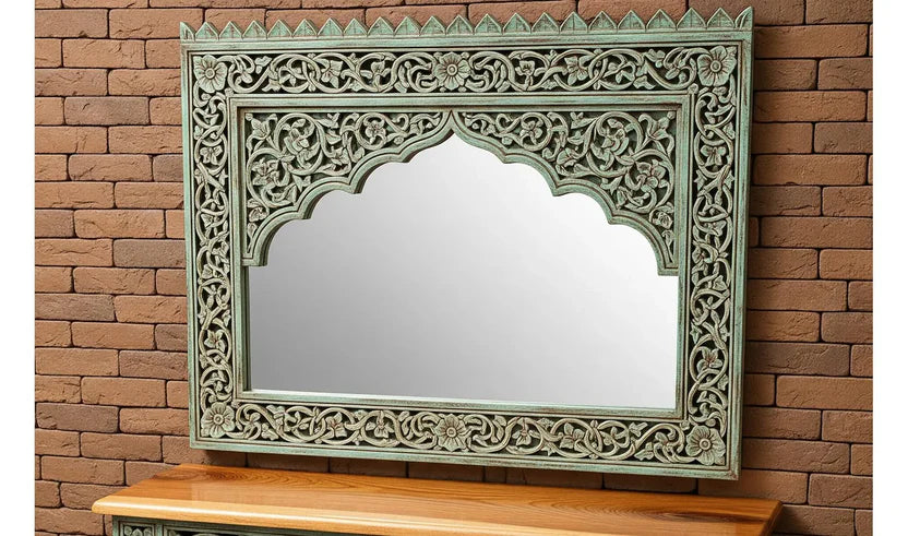 Mehrab Indian Hand Carved Mirror Arched Solid Wooden Mirror Frame 79