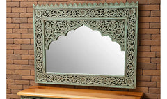 Mehrab Indian Hand Carved Mirror Arched Solid Wooden Mirror Frame 79