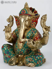 Indian Lord Ganesha Handmade Brass Statue With Colorful Stone Work