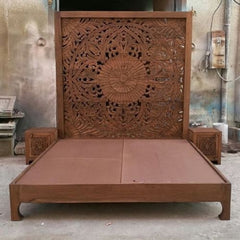 Dynasty Hand Carved Indian Solid Wooden Bed Frame Honey