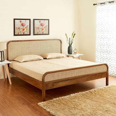 Rattan Elegance Series Solid Mango Wood Queen Size Bed Without Storage Cot - Honey Teak Finish