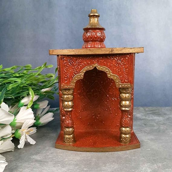 Handmade Indian Home Decor Mango Wood Temple Pooja Stand/Unit Wall Hanging with Detachable Gumbad