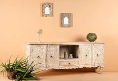 The Gileteen Mango Wood Lotus Flower Decorated Solid Wood TV Cabinet Distress White