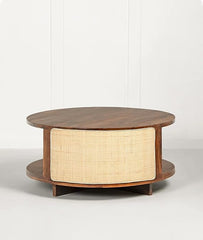 Rattan Elegance Series Solid Mango Wood TV Unit Round Coffee Table Teak Finish