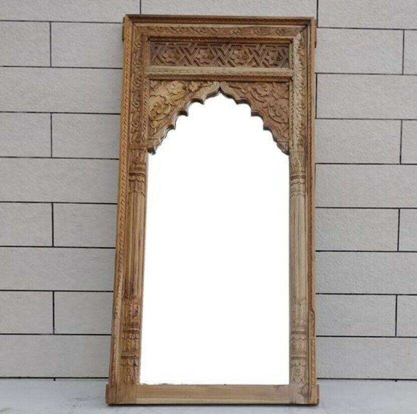 Mehrab Indian Hand Carved Mirror Arched Globe Wooden Wall Decor 150x75cm Brown  -  