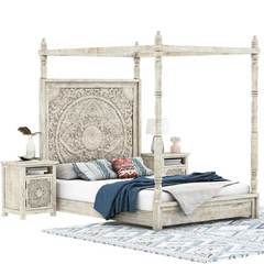 Indian Hand Carved Mango Wood Canopy Bed White Wash 105