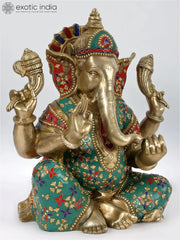 Indian Lord Ganesha Handmade Brass Statue With Colorful Stone Work