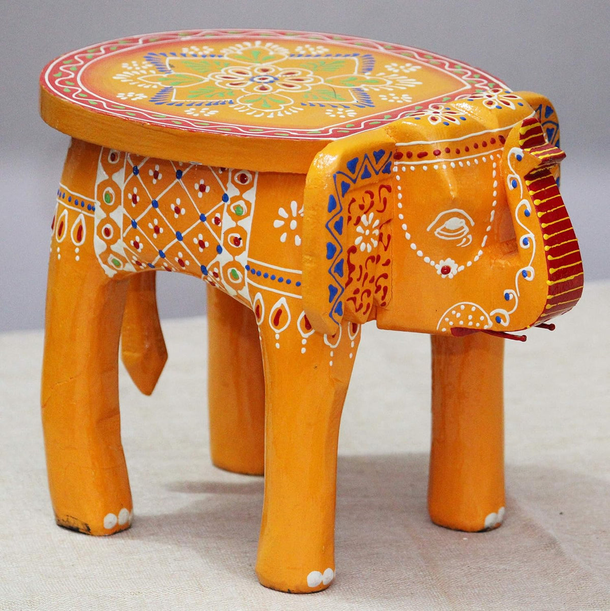 Brush & Timber Handpainted Solid Mango Wood Elephant Side Table in Multicolor