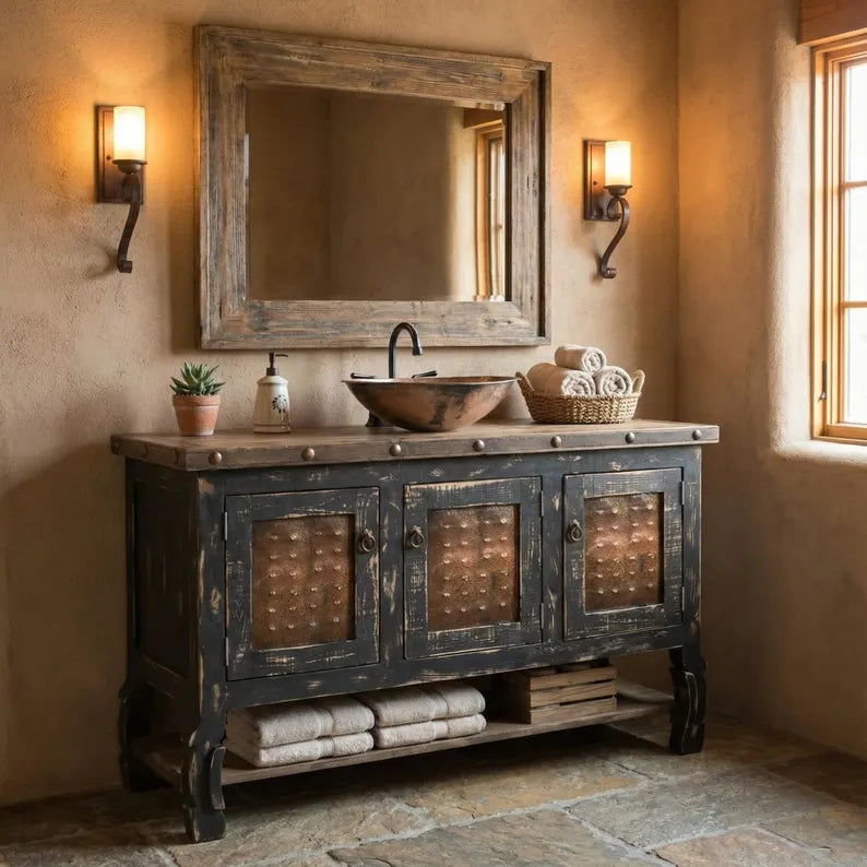 Indian Hand Carved Metal Panels Door Solid Wood Bathroom Vanity V09