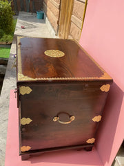 Indian Hand Carved Brass Work Solid Wood Storage Blanket Box C45