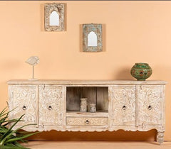 The Gileteen Mango Wood Lotus Flower Decorated Solid Wood TV Cabinet Distress White