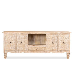 The Gileteen Mango Wood Lotus Flower Decorated Solid Wood TV Cabinet Distress White