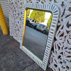 Bone Inlay Carved Wall Hanging Mirror Frame With Grey Strip Pattern Waterfall Style 70.5x3x87xCm