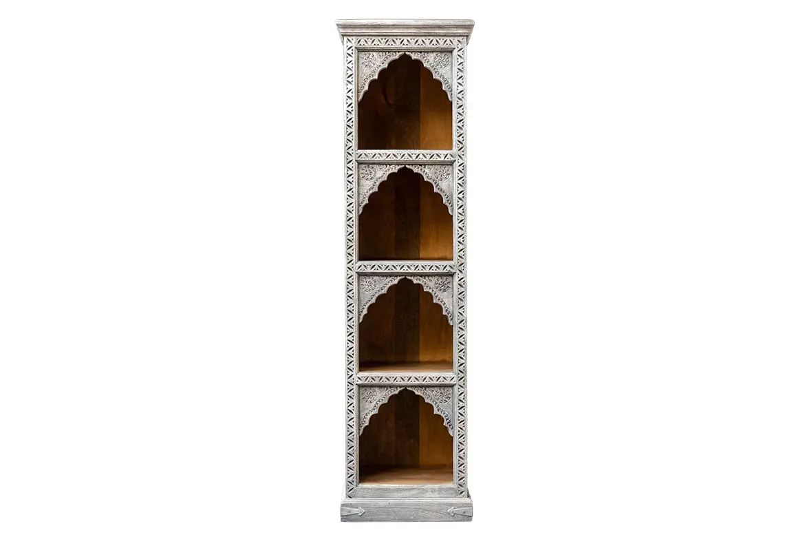 Antique Indian Mehrab Hand Carved Solid Wooden Bookshelf Whitewash 50x38x182cm A037