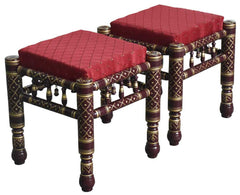 Heritage Indian Hand Carved Painted 2 pcs Stool Set