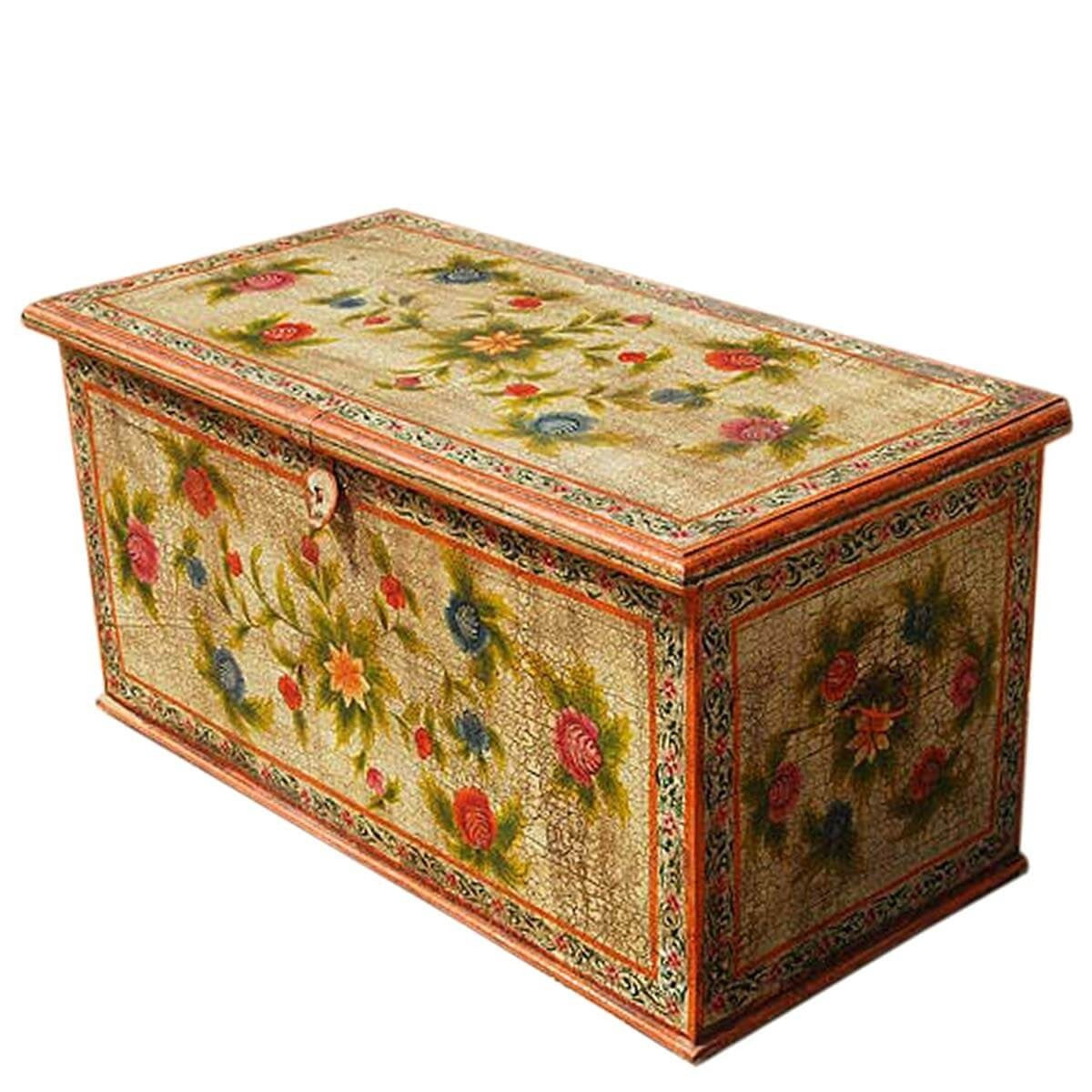 Mughal Hand Painted Indian Solid Wood Storage Trunk Coffee Table White