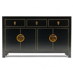 Golden Dragon Oriental Painted Solid Wood Black Large Sideboard 160x40x85cm