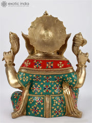 Indian Lord Ganesha Handmade Brass Statue With Colorful Stone Work