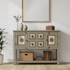 Vintage Hand Carved Brass Work Solid Wood Console Table 68