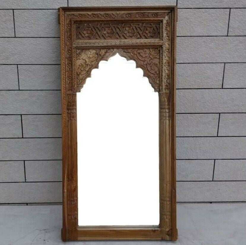 Mehrab Indian Hand Carved Mirror Arched Globe Wooden Wall Decor 150x75cm Brown  -  