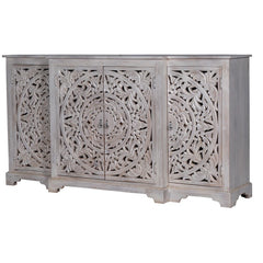 Indian Handmade Solid Wood Carved 4 Doors Sideboard