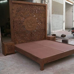 Dynasty Hand Carved Indian Solid Wooden Bed Frame Honey