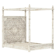 Indian Hand Carved Mango Wood Canopy Bed White Wash 105