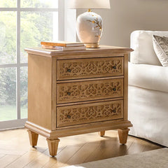 Indian Hand Carved  3- Drawer Solid Wood Bedside Table    09