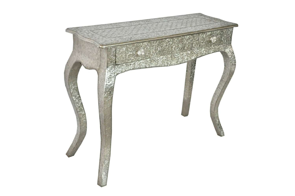 Indian Embossed Brass Work White Metal French Console Hall Table 22