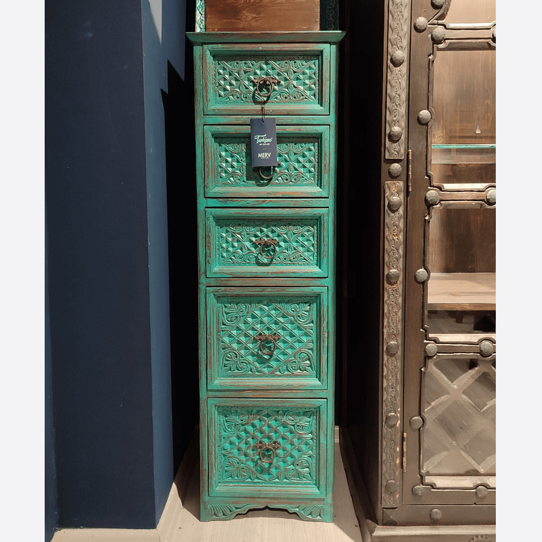 Indian Hand Carved Solid Wood 5 Drawers Side Table 06