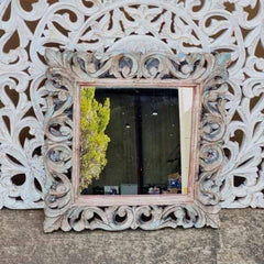 Hand Carved Indian Solid Wood Wall Mirror With Floral Pattern Rustic 56x66cm