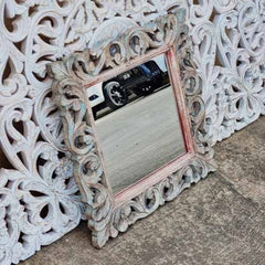 Hand Carved Indian Solid Wood Wall Mirror With Floral Pattern Rustic 56x66cm