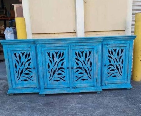 Handmade Indian Furniture Solid Hard Wood 4 Door Cabinet Sideboard Blue 212x48.5x90.5Cm