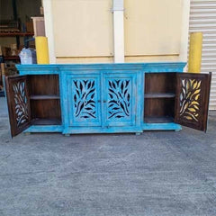 Handmade Indian Furniture Solid Hard Wood 4 Door Cabinet Sideboard Blue 212x48.5x90.5Cm