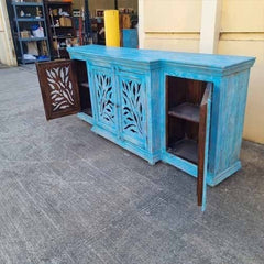 Handmade Indian Furniture Solid Hard Wood 4 Door Cabinet Sideboard Blue 212x48.5x90.5Cm