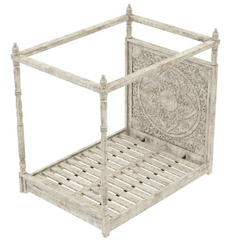 Indian Hand Carved Mango Wood Canopy Bed White Wash 105