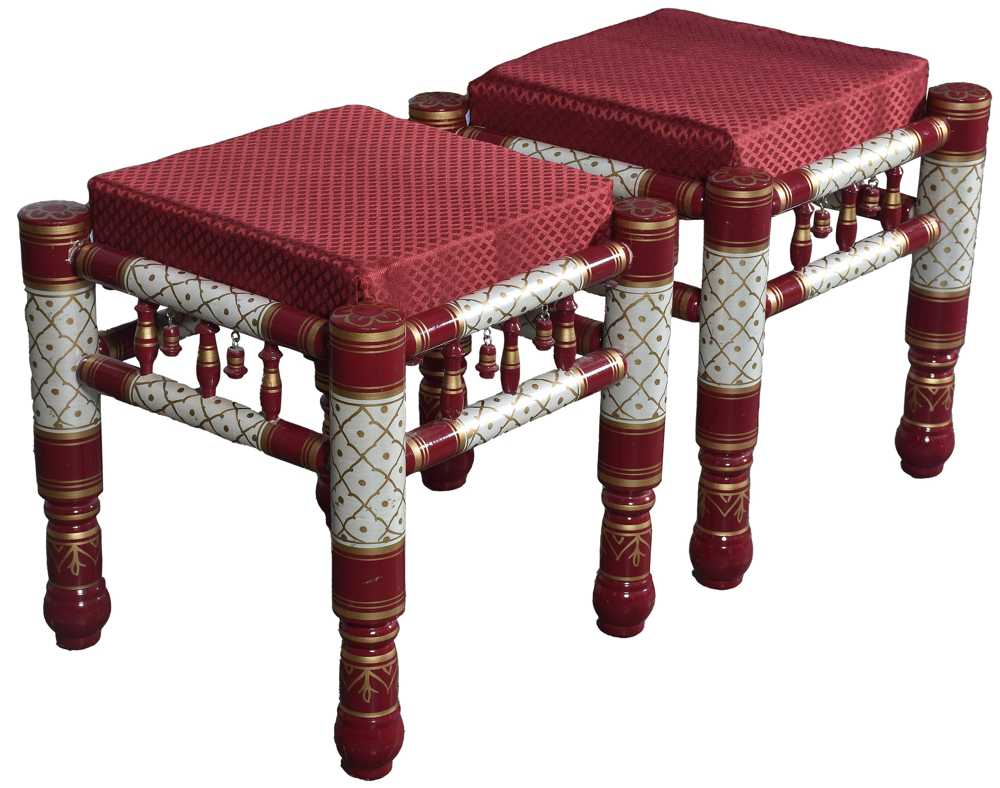 Heritage Indian Hand Carved Painted 2 pcs Stool Set