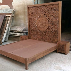 Dynasty Hand Carved Indian Solid Wooden Bed Frame Honey