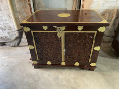 Indian Hand Carved Brass Work Solid Wood Storage Blanket Box C45