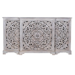 Indian Handmade Solid Wood Carved 4 Doors Sideboard