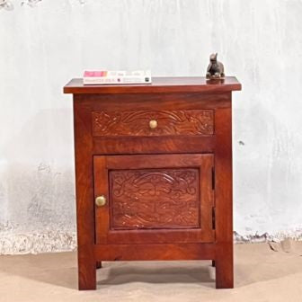 Indian Handmade Carved Solid Hard Wood Door & Drawer Bedside Table in Red 50x30x60Cm