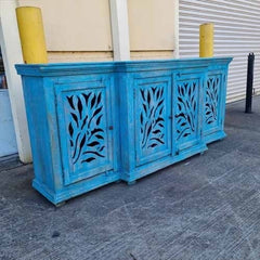 Handmade Indian Furniture Solid Hard Wood 4 Door Cabinet Sideboard Blue 212x48.5x90.5Cm