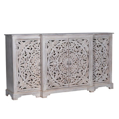 Indian Handmade Solid Wood Carved 4 Doors Sideboard