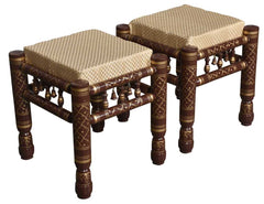 Heritage Indian Hand Carved Painted 2 pcs Stool Set