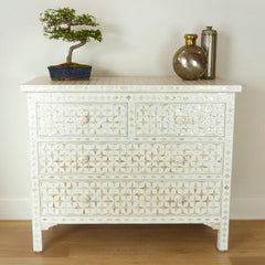 Maaya Bone Inlay Chest of 4 Drawers White Mother of Pearl