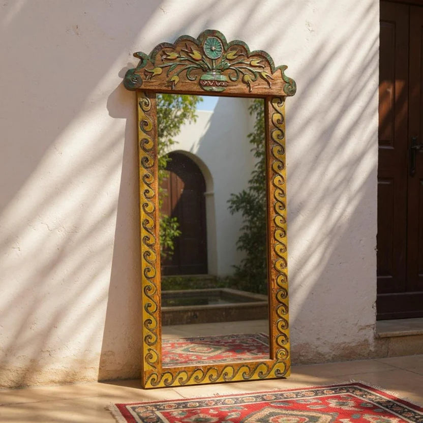 Indian Hand Carved Painted Solid Wooden Mirror Frame 81