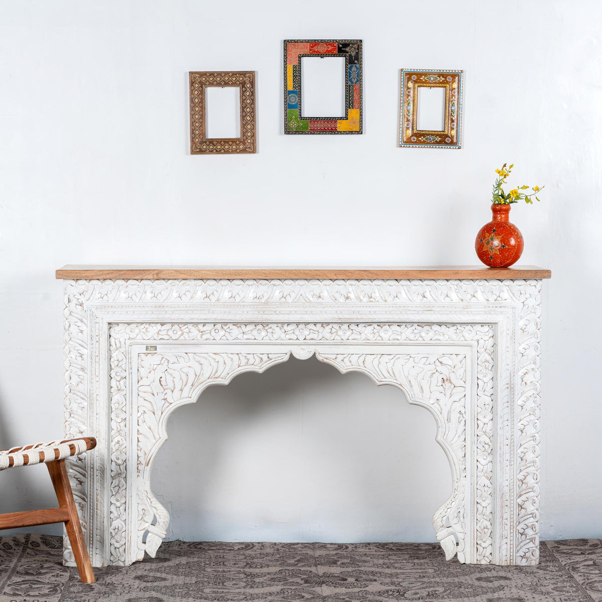 Mehrab Wooden Carved Entryway Console Table White