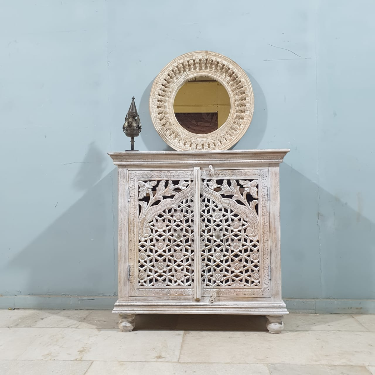 Handmade Indian Furniture Solid Hard Wood Carved 2 Doors Cabinet 90X40X90CM