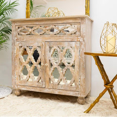 Pine Grove Carved Handmade Indian Furniture Mango Wood 1 Drawer 2 Doors Cabinet